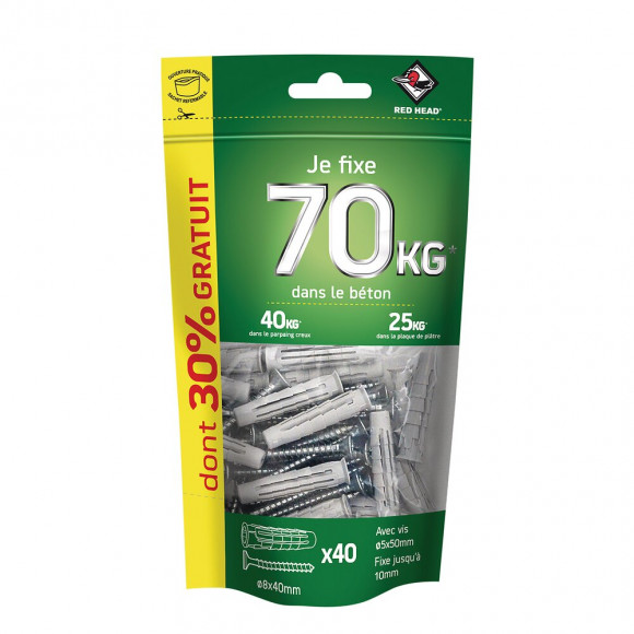 Doypack de 40 chevilles Nordtech 8x40mm + vis TF 5x50mm