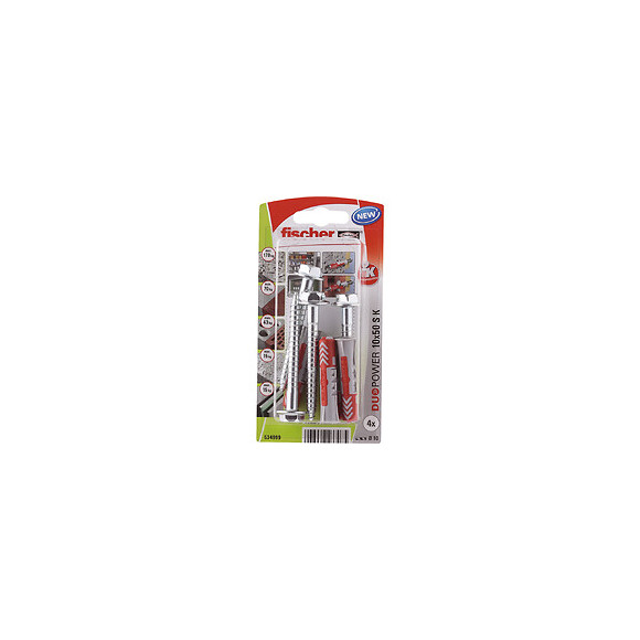Blister 4 chevilles tous matériaux DUOPOWER 10x50mm +tirefonds