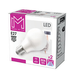 2 Ampoules LED équivalent 60W Standard E27 4000K dépoli