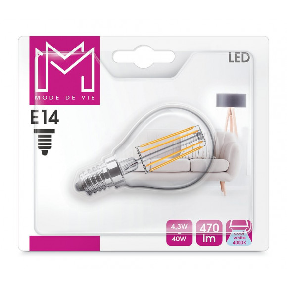 Ampoule LED Verre équivalent 40W Sphérique E14 4000K Filament