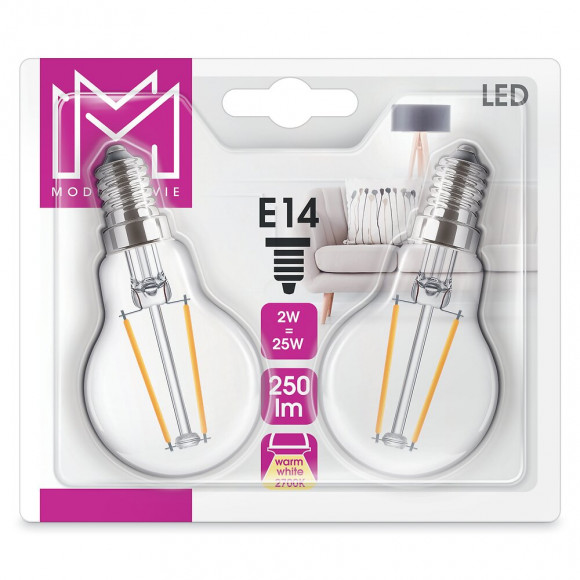 2 Ampoules LED Verre équivalent 25W Sphérique E14 2700K Filament