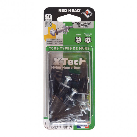 Blister de 10 chevilles Xtech 10x36mm + vis TR 5x40mm