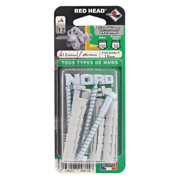 4 chevilles Nordtech 12x60mm + tirefonds TH 8x70mm