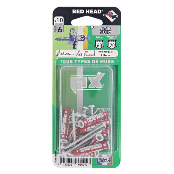 Blister de 10 chevilles Mx 6x37mm + vis TR 3.5x50mm