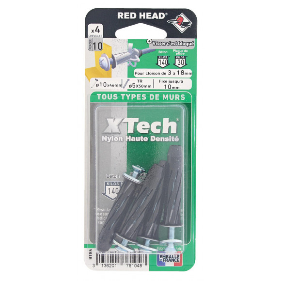 Blister de 4 chevilles Xtech 10x46mm + vis TR 5x50mm