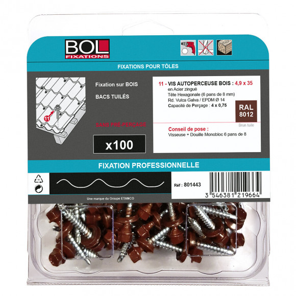 100 vis autoperceuses bois 4.9x35 rd. 14 RAL 8012