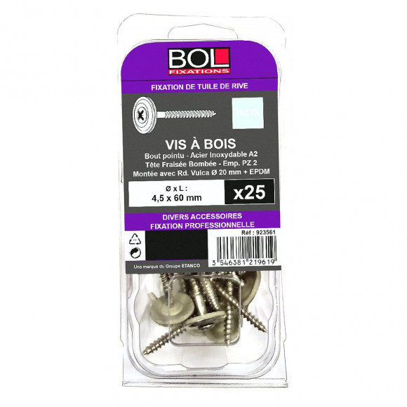 25 vis TGS TFB pozidriv d.4.5x60 inox A2 + rondelle