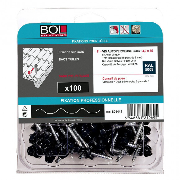 100 vis autoperceuses bois 4.9x35 rd. 14 RAL 5008