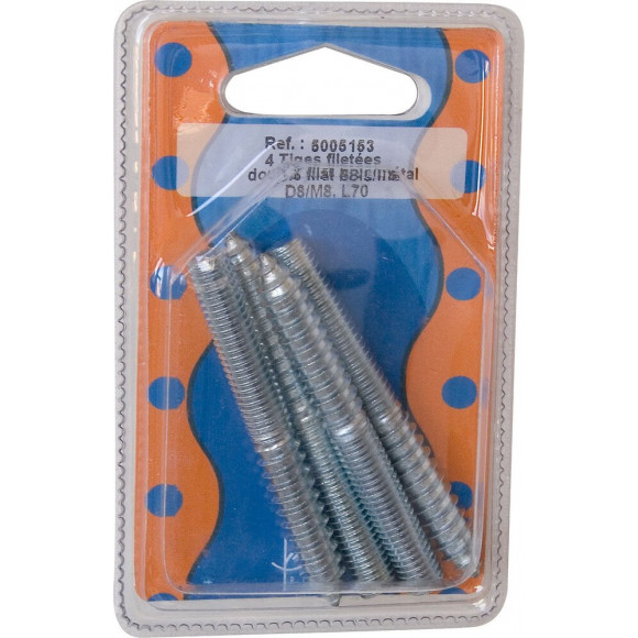 Vis double filet M8 D.8mm longueur 7cm x4 pièces