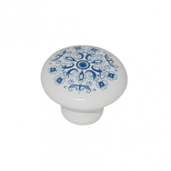 Bouton rond diamètre 32mm céramique blanc motif bleu