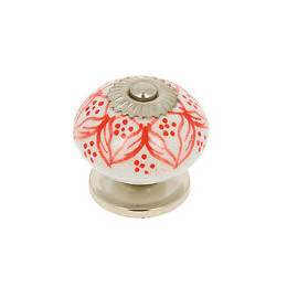 Bouton diam 40mm céramique blanc motif rouge/nickel