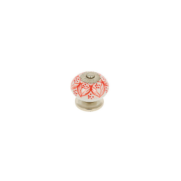 Bouton diam 40mm céramique blanc motif rouge/nickel