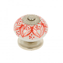 Bouton diam 40mm céramique blanc motif rouge/nickel
