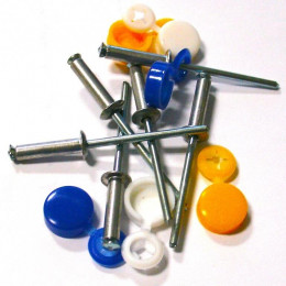 Blister 6 rivets 4x16mm + capuchons, jaune, bleu, blanc