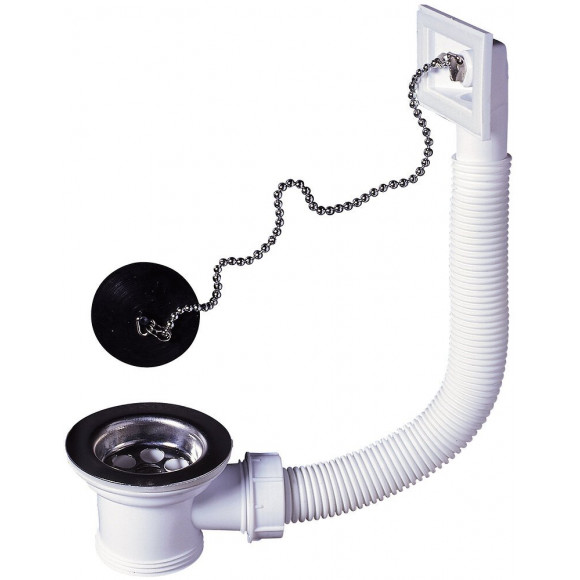 Bonde pour évier inox + trop-plein + bouchon diamètre 50 mm.