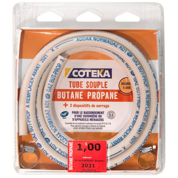 Tube butane propane 5 ans + 2 colliers de serrage 1m NF