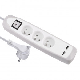 Bloc multiprises 3 prises avec terre et 2 USB blanc/gris