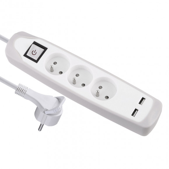 Bloc multiprises 3 prises avec terre et 2 USB blanc/gris