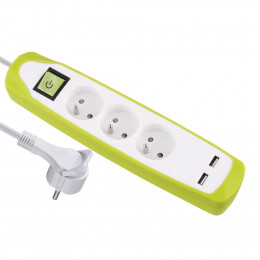 Bloc multiprises 3 prises avec terre et 2 USB blanc/bleu