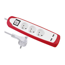 Bloc multiprises 3 prises avec terre et 2 USB blanc/gris