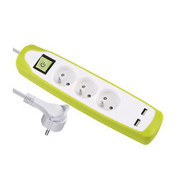 Bloc multiprises 3 prises avec terre et 2 USB blanc/bleu