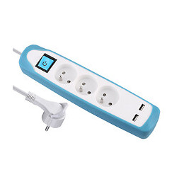 Bloc multiprises 3 prises avec terre et 2 USB blanc/vert