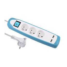 Bloc multiprises 3 prises avec terre et 2 USB blanc/vert