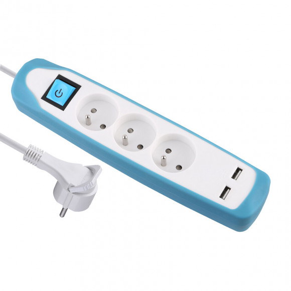 Bloc multiprises 3 prises avec terre et 2 USB blanc/vert