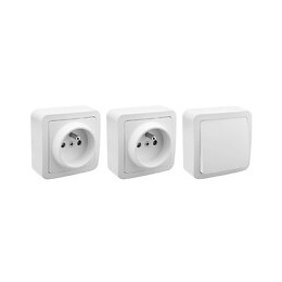 2 prises en saillie 2P+T 16 amp + 1 va et vient en saillie 10A blanc