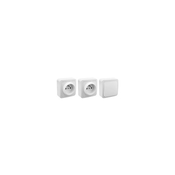 2 prises en saillie 2P+T 16 amp + 1 va et vient en saillie 10A blanc