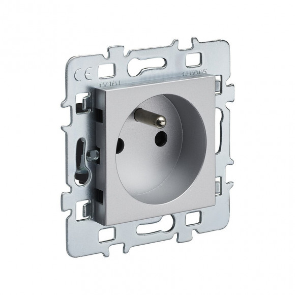 Mécanisme prise à encastrer 2P+T 16A cache argent + support métal
