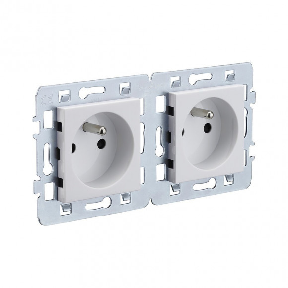 Double prise à encastrer 2P+T 16 ampères cache Blanc +  support métal