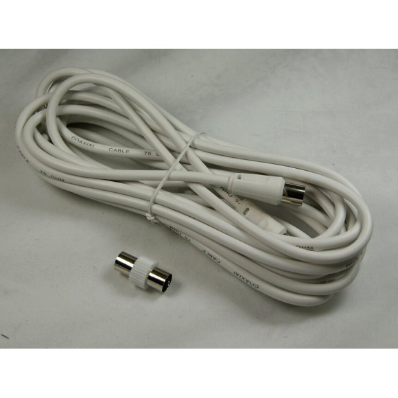 Câble TV coaxial 9.52mm mâle-femelle + adaptateur mâle-mâle 5m - blanc