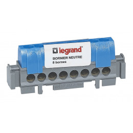 Bornier de neutre - 8 bornes pour câble 1.5mm2 à 16mm2 - bleu