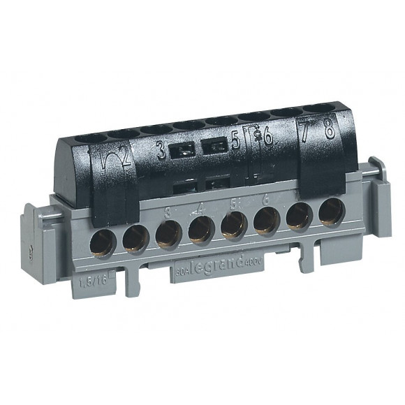 Bornier de phase - 8 bornes pour câble 1.5mm2 à 16mm2 - noir