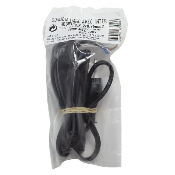 Cordon avec interrupteur et fiche longueur 1.5m noir