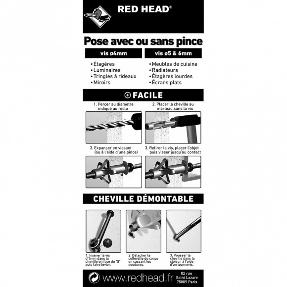 Lot De 4 Chevilles Et Vis À Expansion Klix Red Head, Diam.6 X L.59 Mm