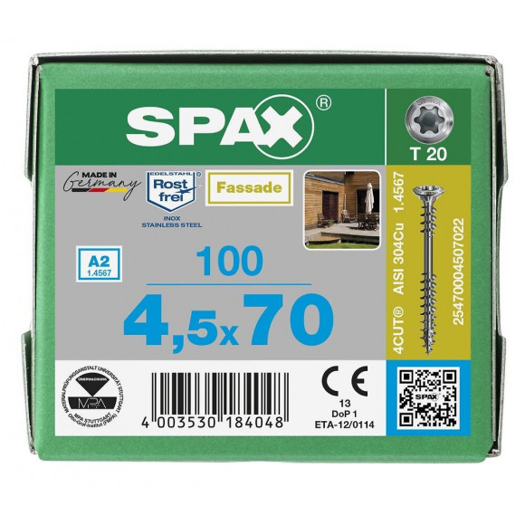 100 Vis Avec Filetage De Fixation 4,5x70 Spax Façade Inox A2 - Bois Résineux