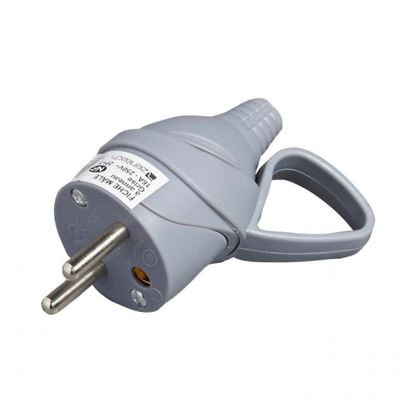 Fiche électrique mâle à anneau 2 pôles + terre 16 A. gris