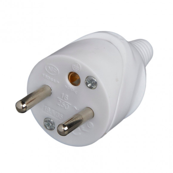 Fiche électrique mâle 2 pôles + terre 16A. couleur blanc