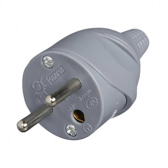 Fiche électrique mâle 2 pôles + terre 16A. couleur gris