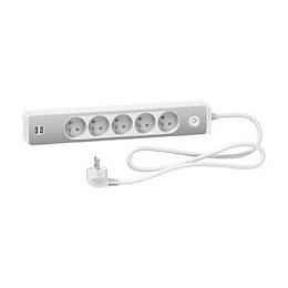 Rallonge multiprise 5 prises 2P+T 2 USB 1.5m - Blanc