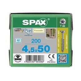 200 Vis Torx Tête Fraisée Autoforeuse 4,5x50 Spax Cut Inox A2 - Façade Bois Résineux