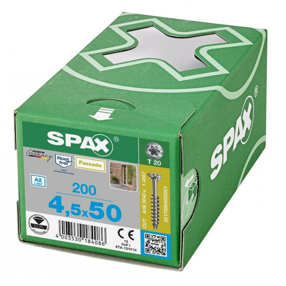 200 Vis Torx Tête Fraisée Autoforeuse 4,5x50 Spax Cut Inox A2 - Façade Bois Résineux