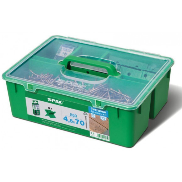 Kit Bois Résineux 4,5x70 Inox A2 - 850 Vis + 12 Espaceurs + 5 Embouts