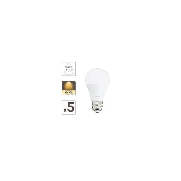 Lot X5 Ampoules Led Standard, Culot E27, Cons. 9w, Eq. 60w, Blanc Chaud