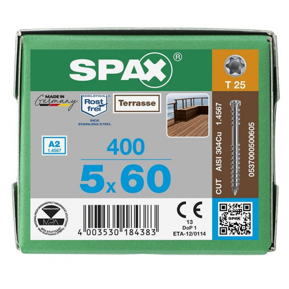 400 Vis Torx Autoforeuse 5x60 Spax-deck Inox A2 - Terrasse Bois Éxotique