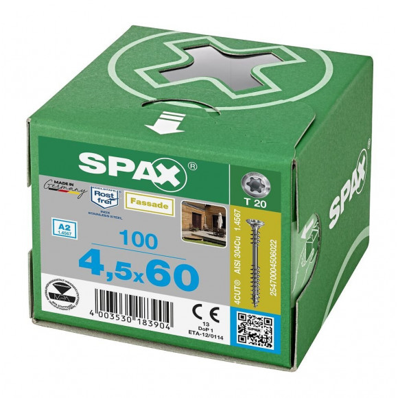 100 Vis Avec Filetage De Fixation 4,5x60 Spax Façade Inox A2 - Bois Résineux