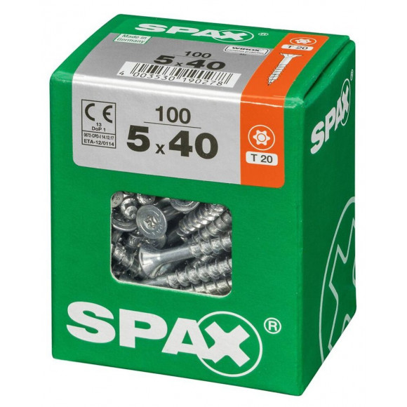 Lot De 100 Vis Acier Tête Fraisée Torx Spax, Diam.5 Mm X L.40 Mm