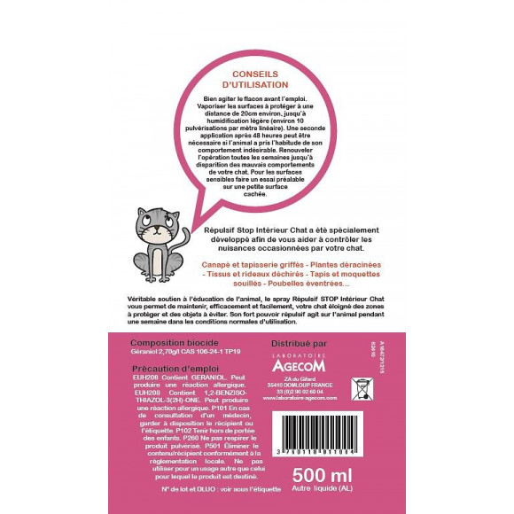 Pompe REPULSIF STOP Spray intérieur chat 600ml